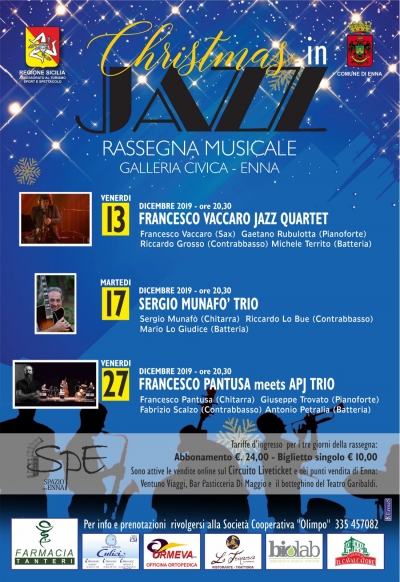 Enna – Al via venerdì alla Galleria Civica la rassegna musicale “Christmas in Jazz”  Tre gli appuntamenti: “Francesco Vaccaro Jazz Quartet”, “Sergio Munafò Trio” e “Francesco Pantusa meets APJ Trio”