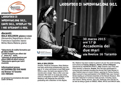 Masterclass di canto e improvvisazione jazz a cura di Mala Waldron, elegante artista statunitense